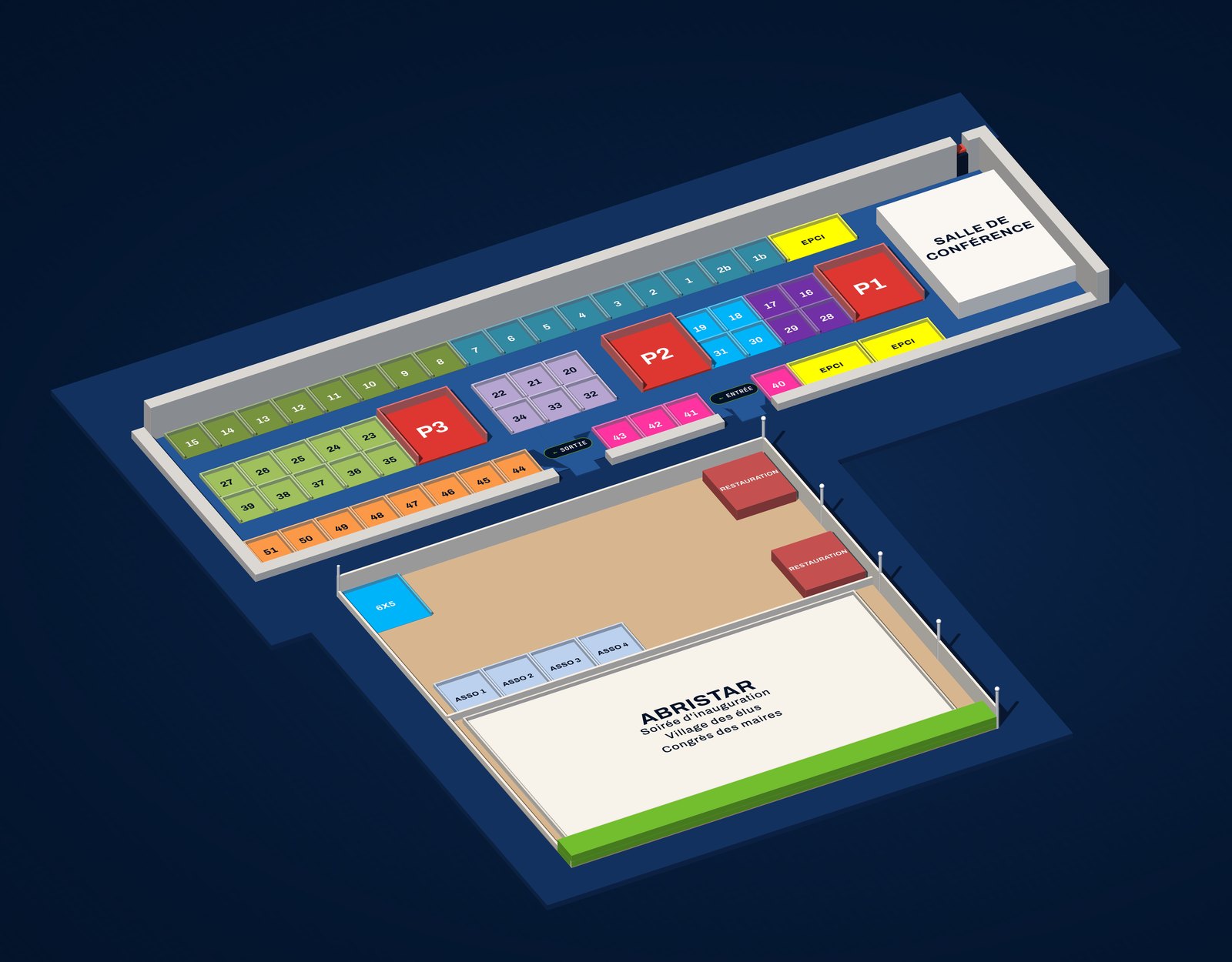 Vue 3D du plan du salon : le bâtiment avec ses stands répartis par secteur, les pavillons, les espaces EPCI et associations, la salle de conférence, et le chapiteau avec la restauration et le village des élus